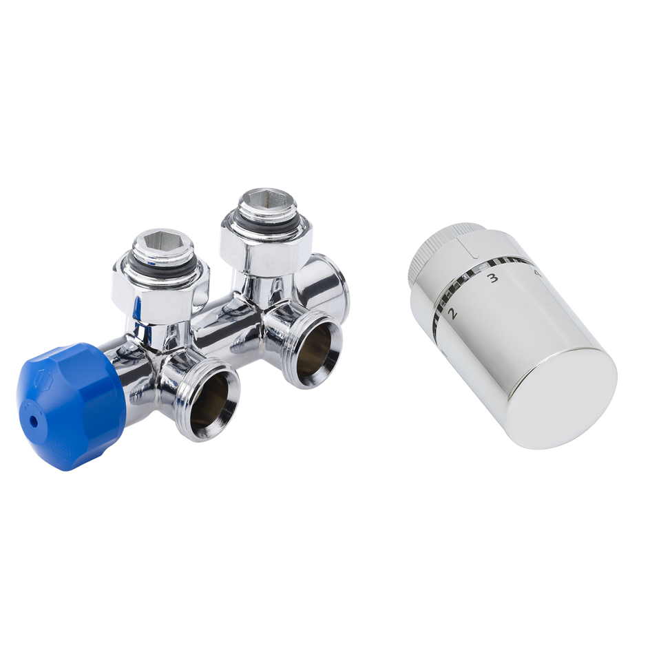 Wall-mounted valve set with central connection – angled